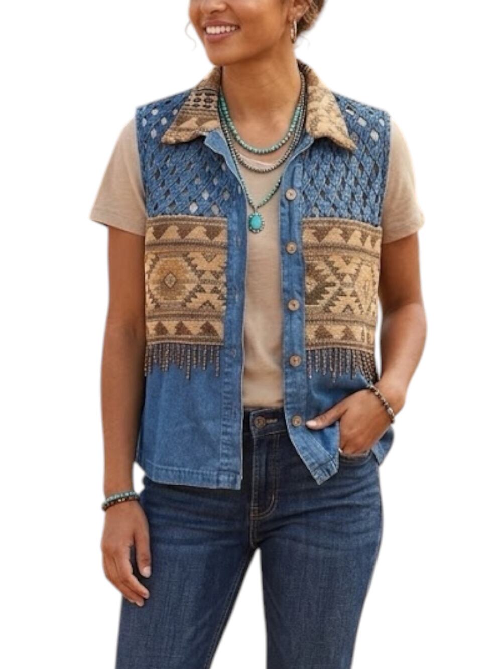 Life Style Vintage Denim Southwestern Tapestry Vest Women's XL Blue Boho Western